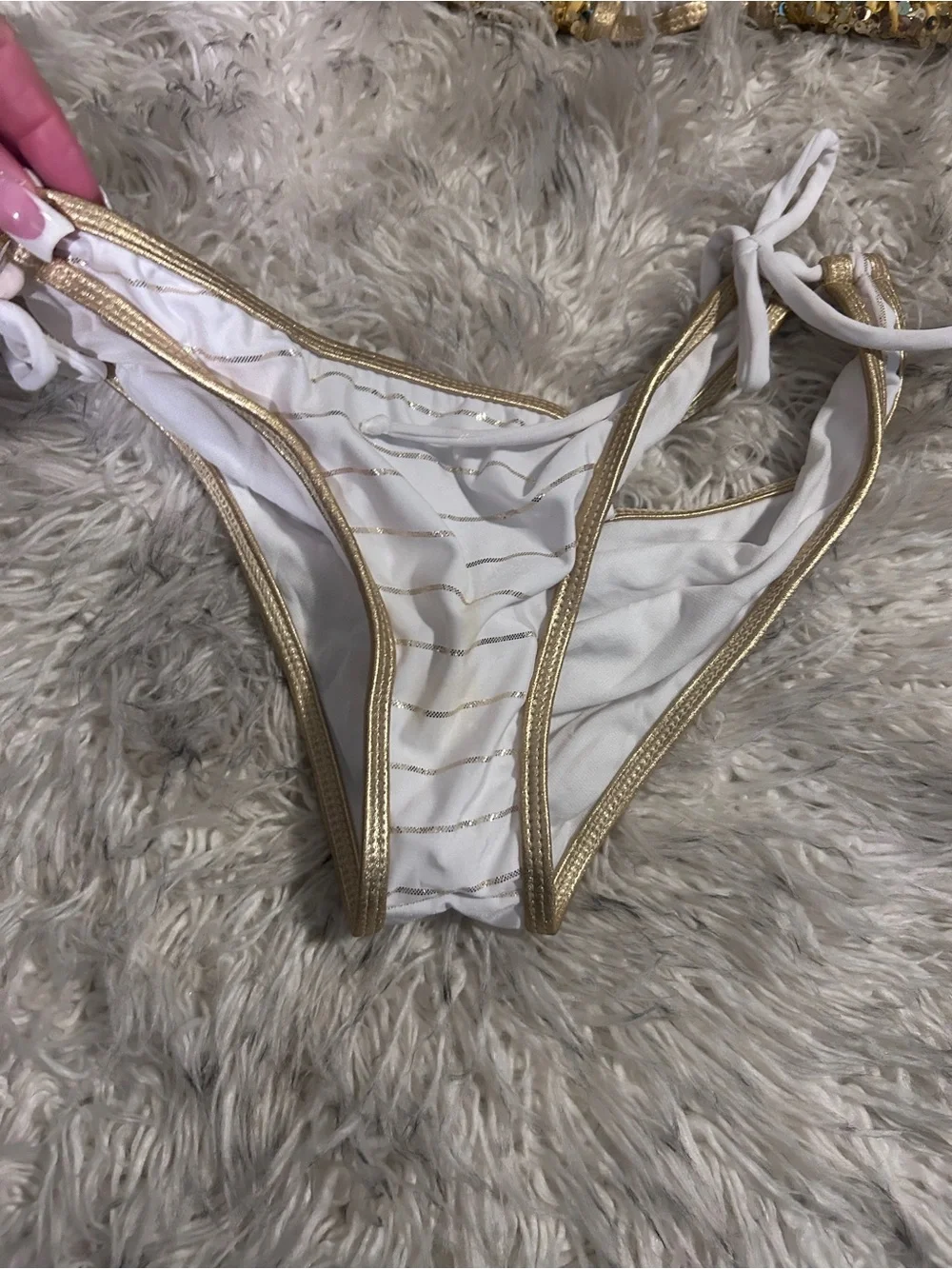 Gold Sequin Triangle Bikini Top with White Gold-Trim Bottom